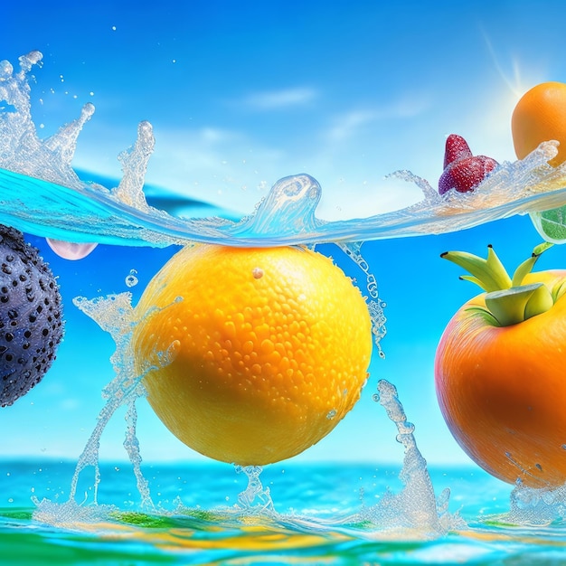 Ein blauer Hintergrund mit einem Bündel Obst im Wasser.