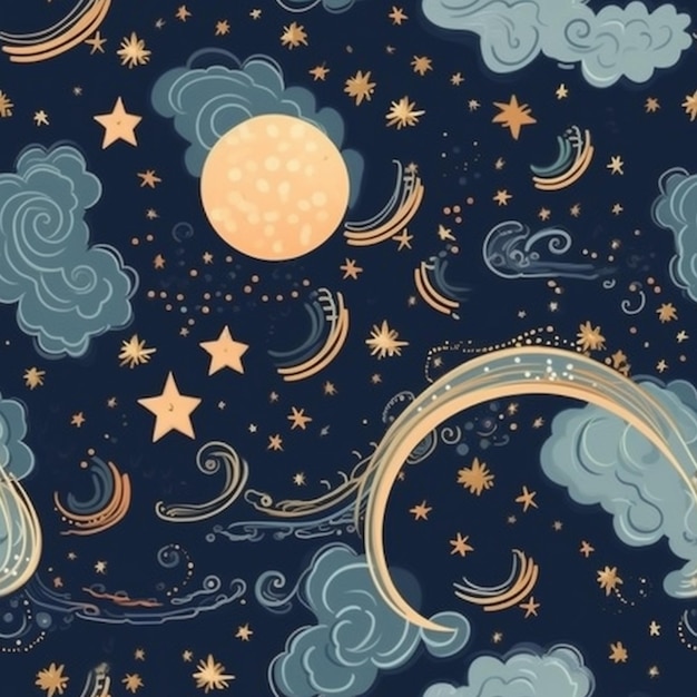 Ein blauer Hintergrund mit einem Himmel und Sternen und einem sichelförmigen generativen KI