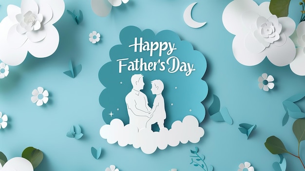 ein blauer Hintergrund mit einem Küssen des Paares und den Worten "Glücklicher Vatertag" auf der Wolke