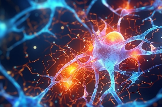Ein blauer Hintergrund mit einem verschwommenen Bild eines Gehirns und von Neuronen.