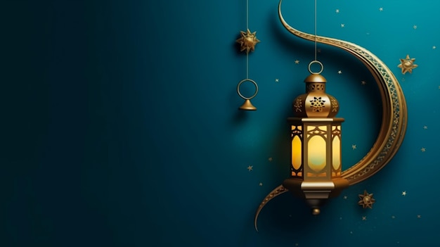 Ein blauer Hintergrund mit einer goldenen Laterne und den Worten Ramadan