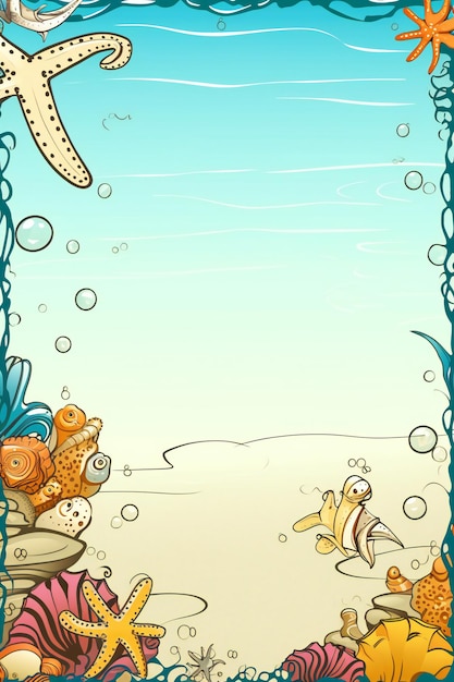 Ein blauer Hintergrund mit einer Seeszene und einem Fisch und Muscheln.