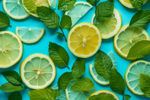 Ein blauer Hintergrund mit Zitronenscheiben und Blättern darauf