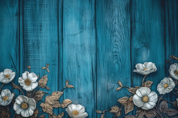 Ein blauer Holzhintergrund mit Blumen darauf