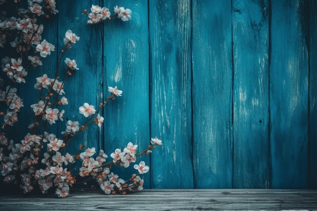 Ein blauer Holzhintergrund mit Blumen darauf