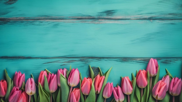 Ein blauer Holzhintergrund mit rosa Tulpen darauf.
