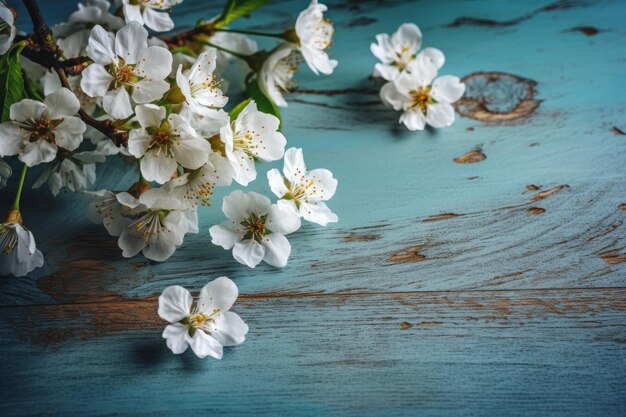 Ein blauer Holztisch mit weißen Blumen darauf