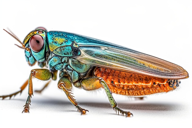 Foto ein blauer käfer mit blauem gesicht und rotem auge.