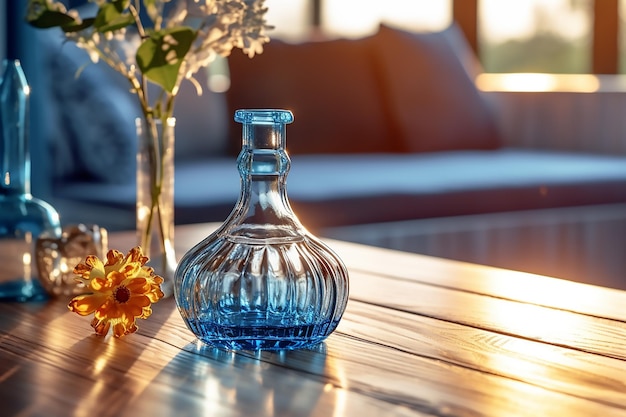 Ein blauer Kerzenhalter aus Glas steht auf einem Holztisch mit einer Pflanze im Hintergrund