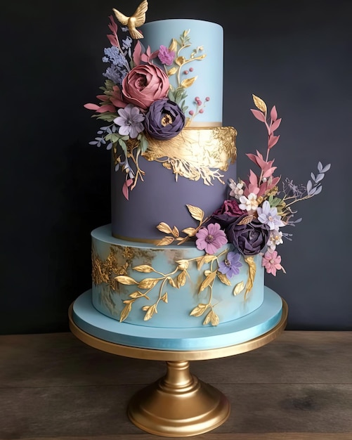 Ein blauer Kuchen mit goldenen und violetten Blumen darauf