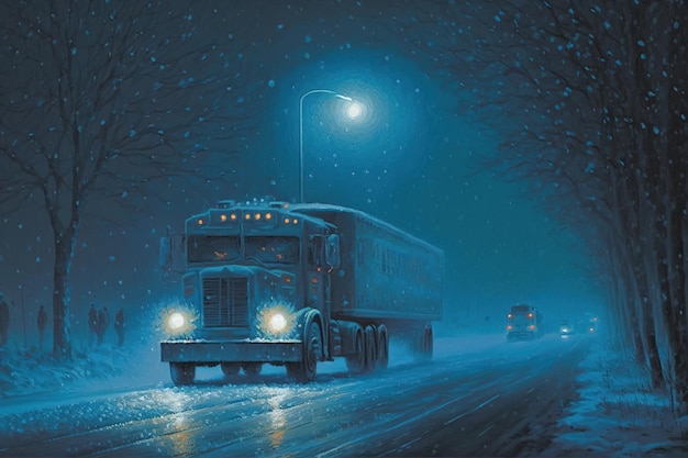 Ein blauer Lastwagen, der mit einem Licht an der Seite eine verschneite Straße hinunterfährt.