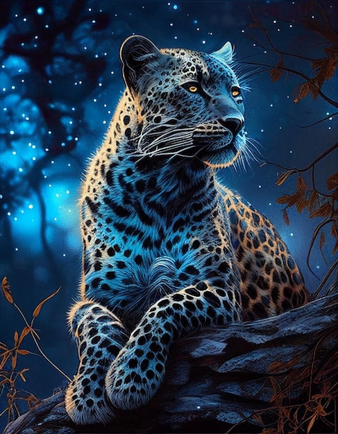 Ein blauer Leopard sitzt auf einem Ast im Wald.