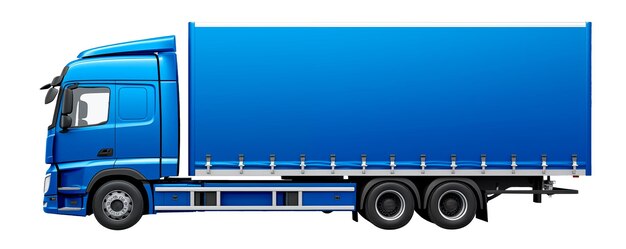 Ein blauer LKW, der auf einem weißen oder transparenten Hintergrund-Mockup isoliert ist, und eine Nahaufnahme des LKW-Seitenbildes