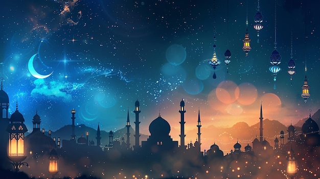 ein blauer Mond und eine Moschee in der Nacht