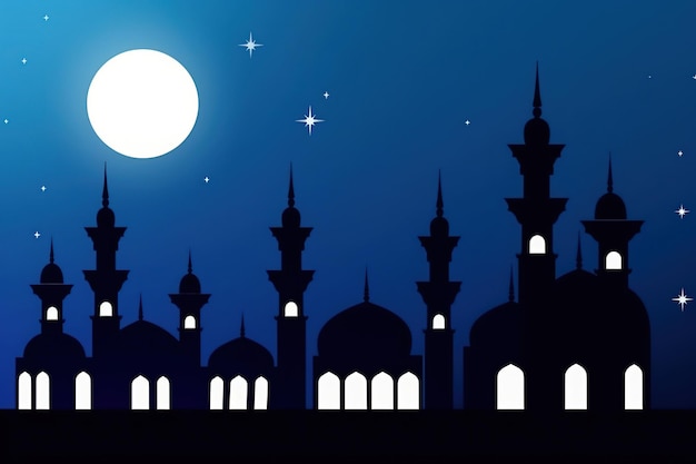 Ein blauer Mond und eine Moschee mit dem Mond im Hintergrund