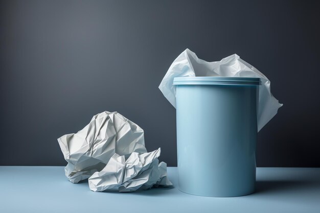 Ein blauer Mülleimer mit einem zerknitterten Papier an der Seite.