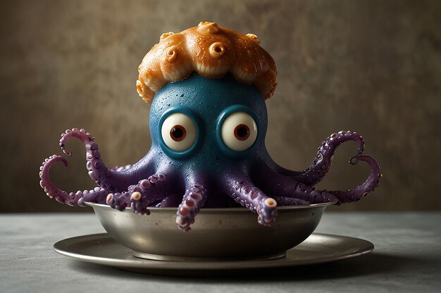 Foto ein blauer oktopus mit einem teller mit essen darauf