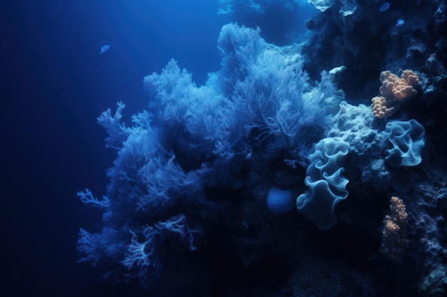 Ein blauer Ozean mit einem Korallenriff und einem im Wasser schwimmenden Fisch.