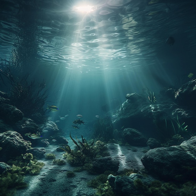 Ein blauer Ozean mit einem Licht darauf und einem Fisch, der im Grund schwimmt.