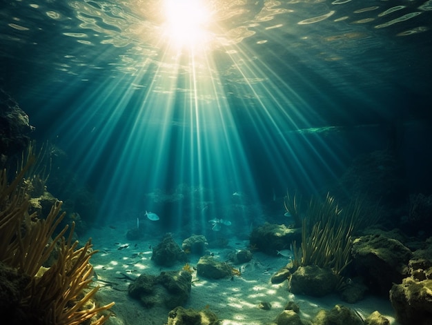 Ein blauer Ozean mit Sonnenstrahlen, die durch das Wasser fallen