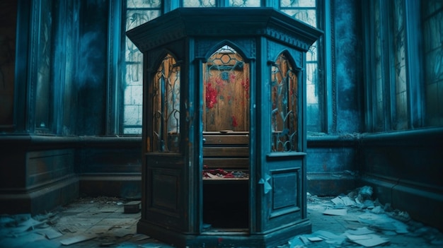 Ein blauer Raum mit einer Glastür, auf der steht: „Der Raum befindet sich in einem dunklen Raum.“