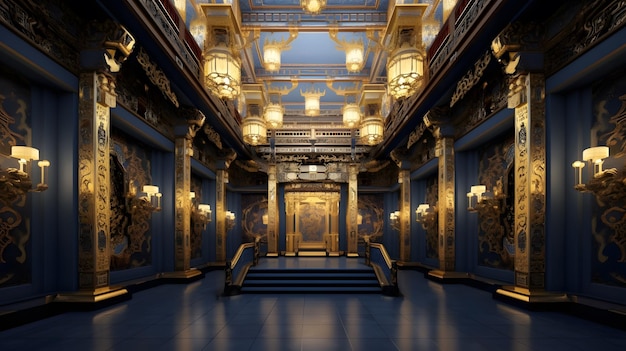 Ein blauer Raum mit einer goldenen Treppe und einem goldenen Geländer.