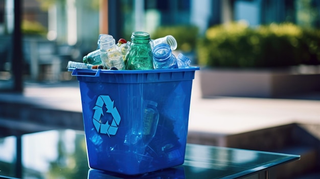 Ein blauer Recyclingbehälter voller Papier, Kunststoff und Glas, der die häufige Verwendung befürwortet und dennoch die Notwendigkeit weiterer Recyclingbemühungen impliziert