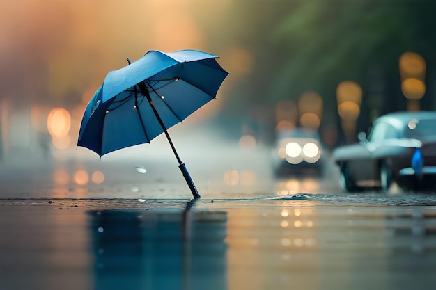 Ein blauer Regenschirm bleibt im Regen stecken.