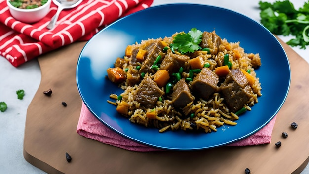 Ein blauer Reisteller mit Rindfleisch und Gemüse darauf.