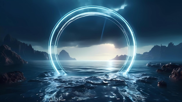 Ein blauer Ring, der im Ozean schwebt, im Stil des inspirierten Futurismus, lichtgefüllter Landschaften.