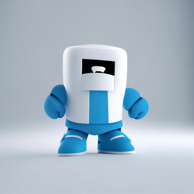 ein blauer Roboter mit einem schwarz-weißen Gesicht und einem schwarz-weißen Bild auf der Rückseite.