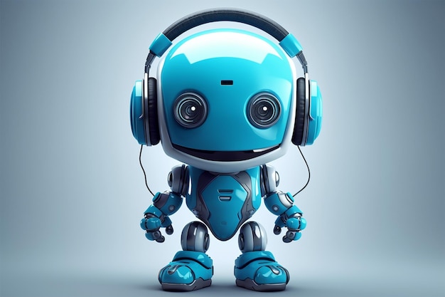 ein blauer Roboter mit Kopfhörern steht auf einer weißen Oberfläche mit grauem Hintergrund