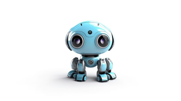 Ein blauer Roboter sitzt auf weißem Hintergrund.