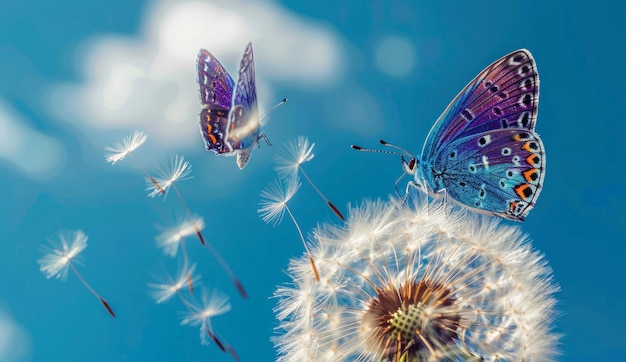 Ein blauer Schmetterling auf der weißen Löwenzahnblume fliegt vor dem Himmelshintergrund