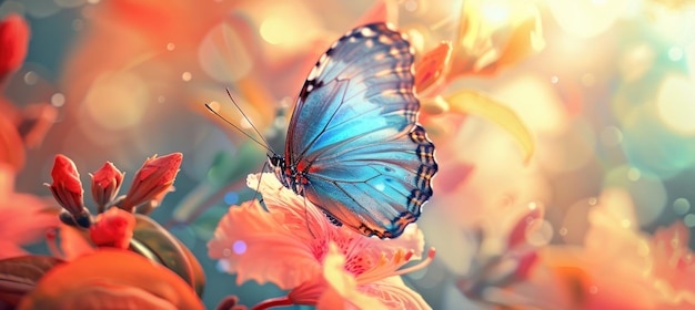 ein blauer Schmetterling fliegt in einer schönen Blume