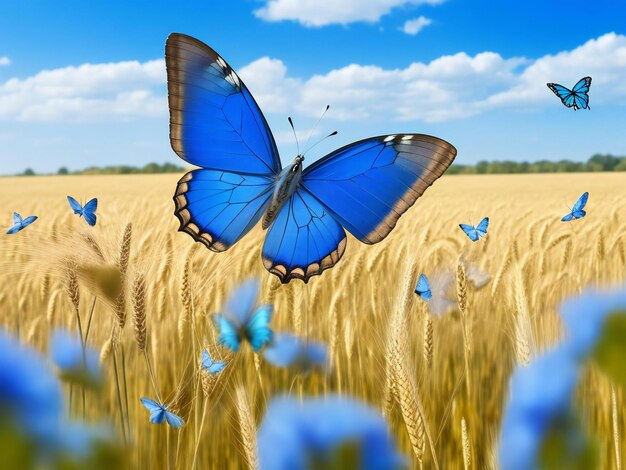 Ein blauer Schmetterling fliegt über ein von der KI erzeugtes Weizenfeld