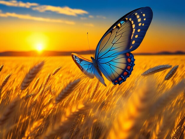 Foto ein blauer schmetterling fliegt über ein von der ki erzeugtes weizenfeld