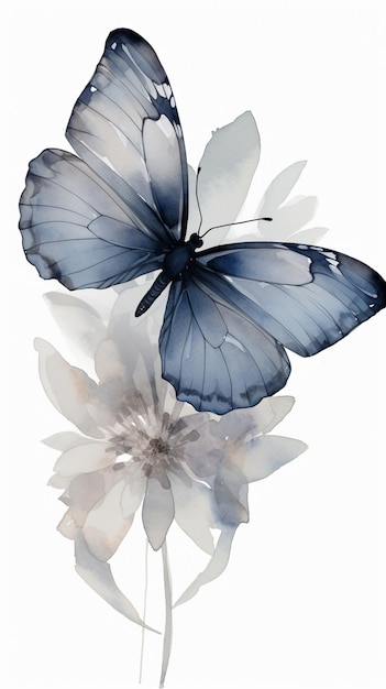 Ein blauer Schmetterling fliegt über eine weiße Blume.