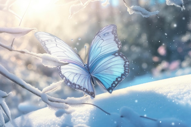 Ein blauer Schmetterling im Schnee