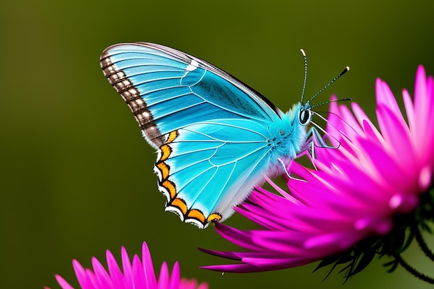 Ein blauer Schmetterling mit gelben und schwarzen Markierungen auf seinen Flügeln ist auf einer rosa Blume.