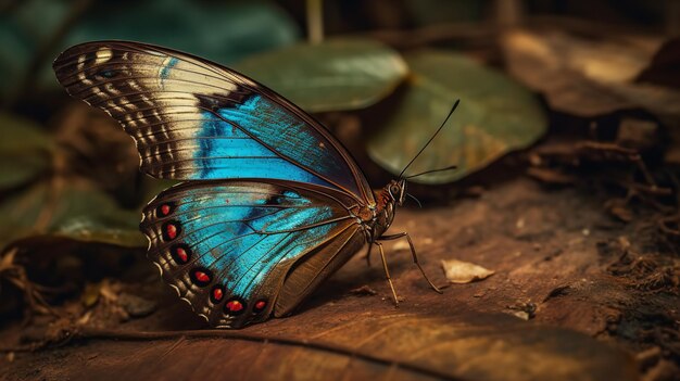 Ein blauer Schmetterling ruht auf einer Holzoberfläche.