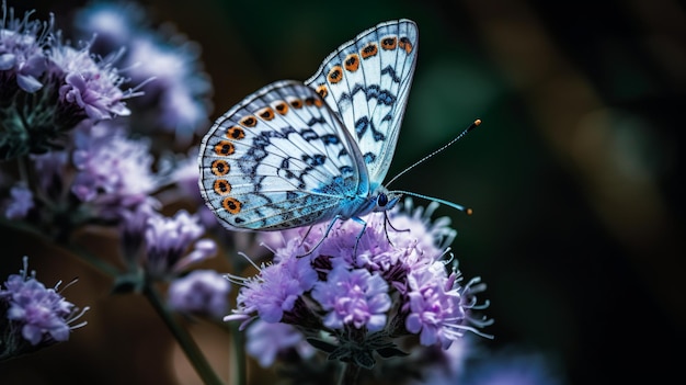 Ein blauer Schmetterling sitzt auf einer Blume mit dunklem Hintergrund.