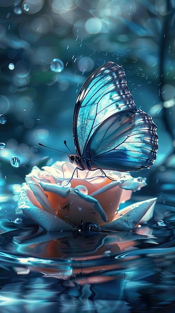 ein blauer Schmetterling sitzt auf einer Rose