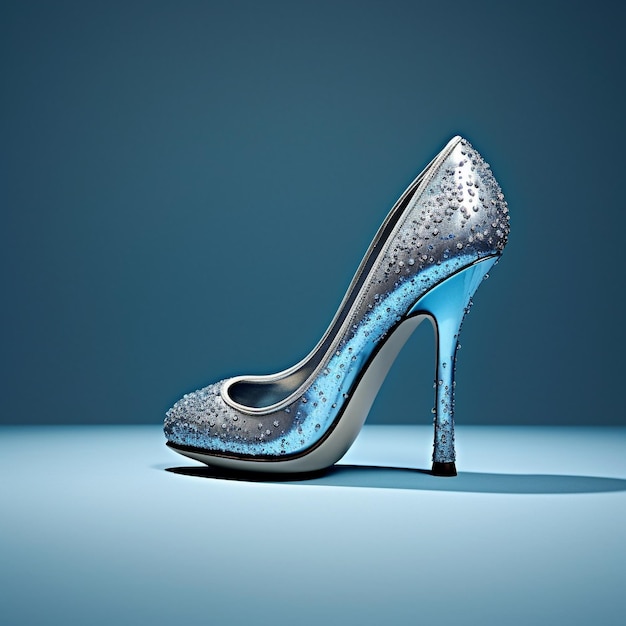 ein blauer Schuh mit silbernem Glitzer darauf