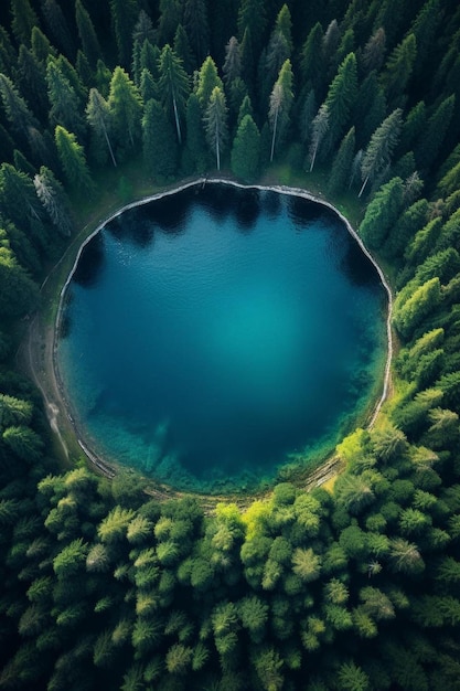 ein blauer See, der von Bäumen in der Mitte eines Waldes umgeben ist