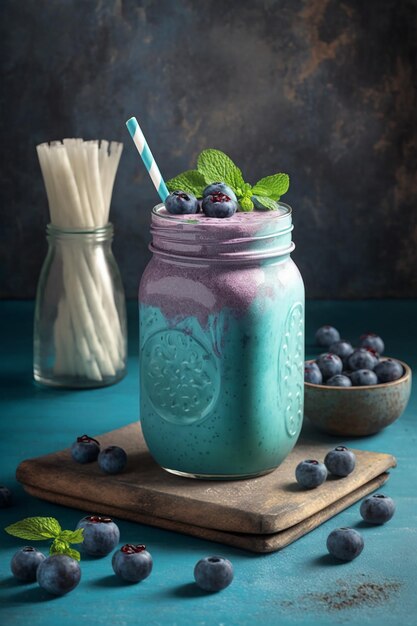 Ein blauer Smoothie mit einem Strohhalm und einem blauen Strohhalm