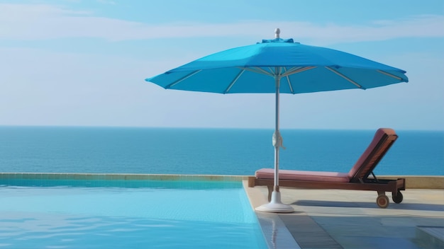 Ein blauer Sonnenschirm steht neben einem Pool mit dem Meer im Hintergrund.