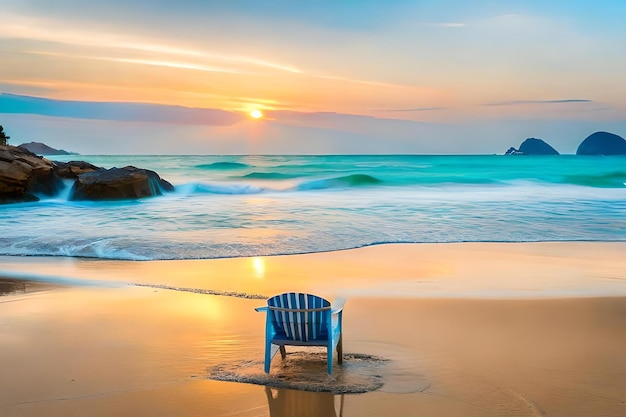 Ein blauer Stuhl sitzt im Wasser mit dem Sonnenuntergang im Hintergrund.