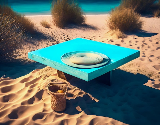 Ein blauer Tisch am Strand mit einem Obstkorb daneben.