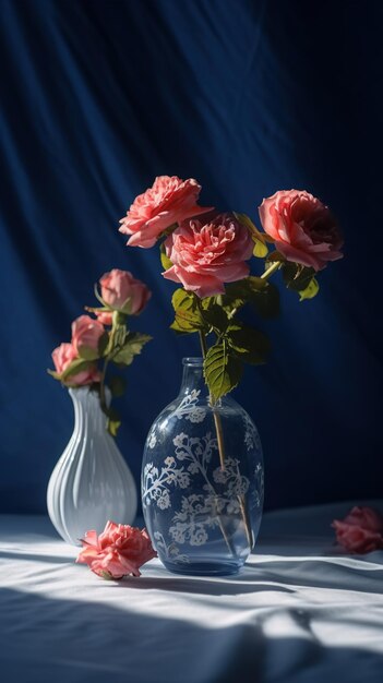 Ein blauer Tisch mit einer Vase mit rosa Blumen darauf